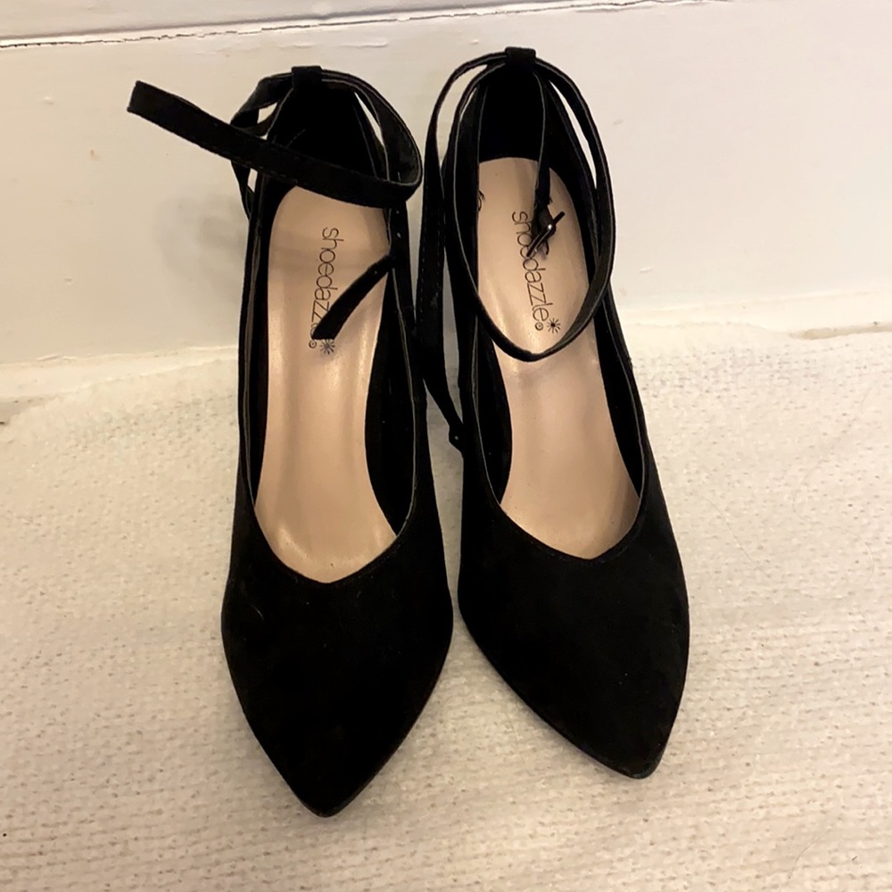 Black ultra suede heels with ankle strap